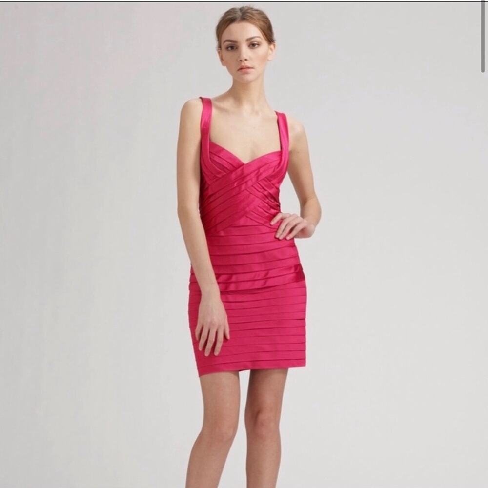 BCBGMaxAzria Begonia Hot Pink Ribbon Tiered Cocktail Dress Size 2